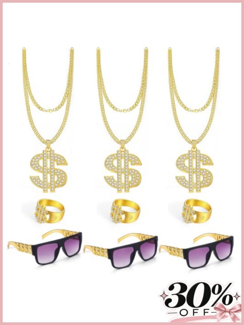 Hip Hop Rapper Costume Set Cuban Link Gold Plated Necklaces Rings Sunglasses